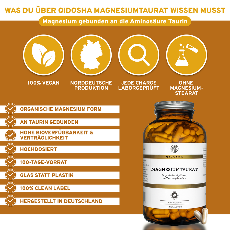 QIDOSHA Magnesium-Taurat-Kapseln: Premium, vegan, ohne Füllstoffe, hohe Bioverfügbarkeit, 100-Tage-Vorrat in Glasverpackung, laborgeprüft, produziert in Deutschland.
