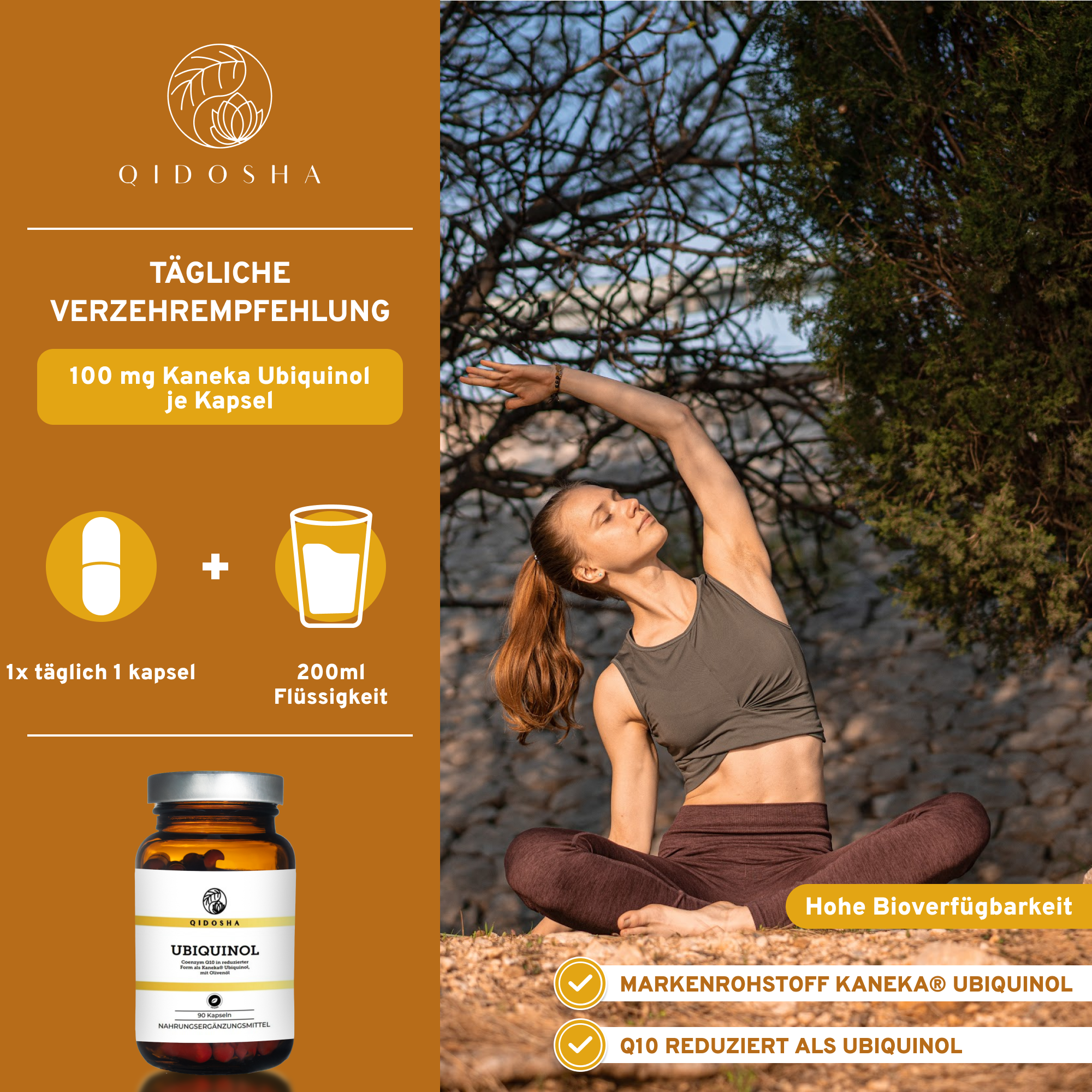 Qidosha Ubiquinol: Premium Coenzym Q10 als Ubiquinol mit Kaneka® Rohstoff, hohe Bioverfügbarkeit, vegan, ohne Zusatzstoffe, laborgeprüfte Qualität, 3-Monatsvorrat in Glasverpackung.