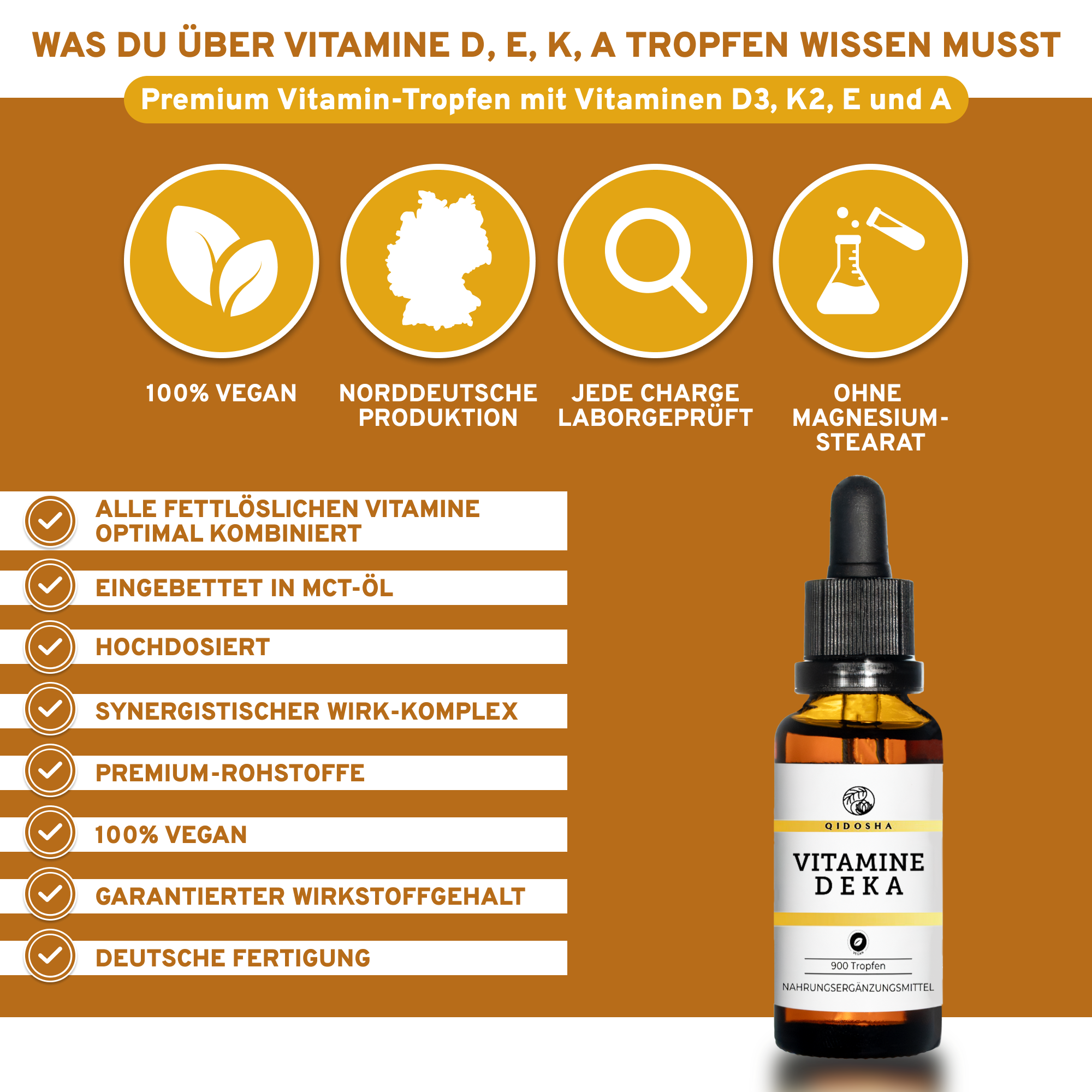 Vitamine D E K A Tropfen von Qidosha, 900 Tropfen. Premium-Nahrungsergänzungsmittel, vegan, norddeutsche Produktion, laborgeprüft, ohne Magnesiumstearat, in MCT-Öl gelöst für optimale Aufnahme.