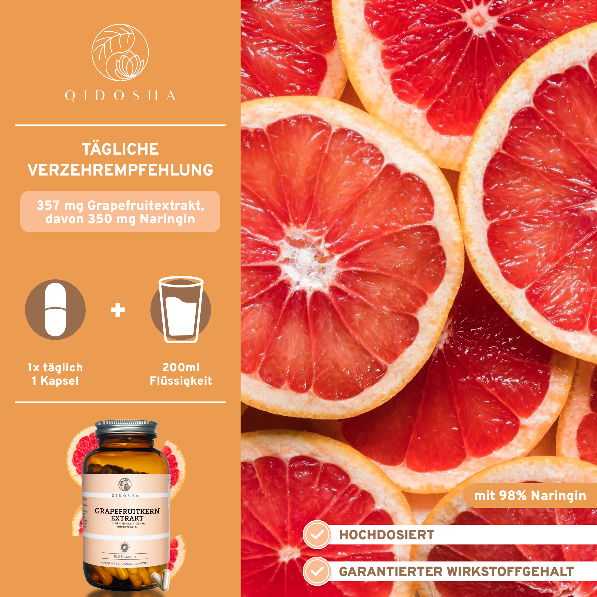 Grapefruitkernextrakt von QIDOSHA: Premium Nahrungsergänzungsmittel, 357 mg Extrakt pro Kapsel, hoher Naringin-Gehalt, laborgeprüft, in Deutschland hergestellt, ohne Zusatzstoffe, nachhaltig verpackt.