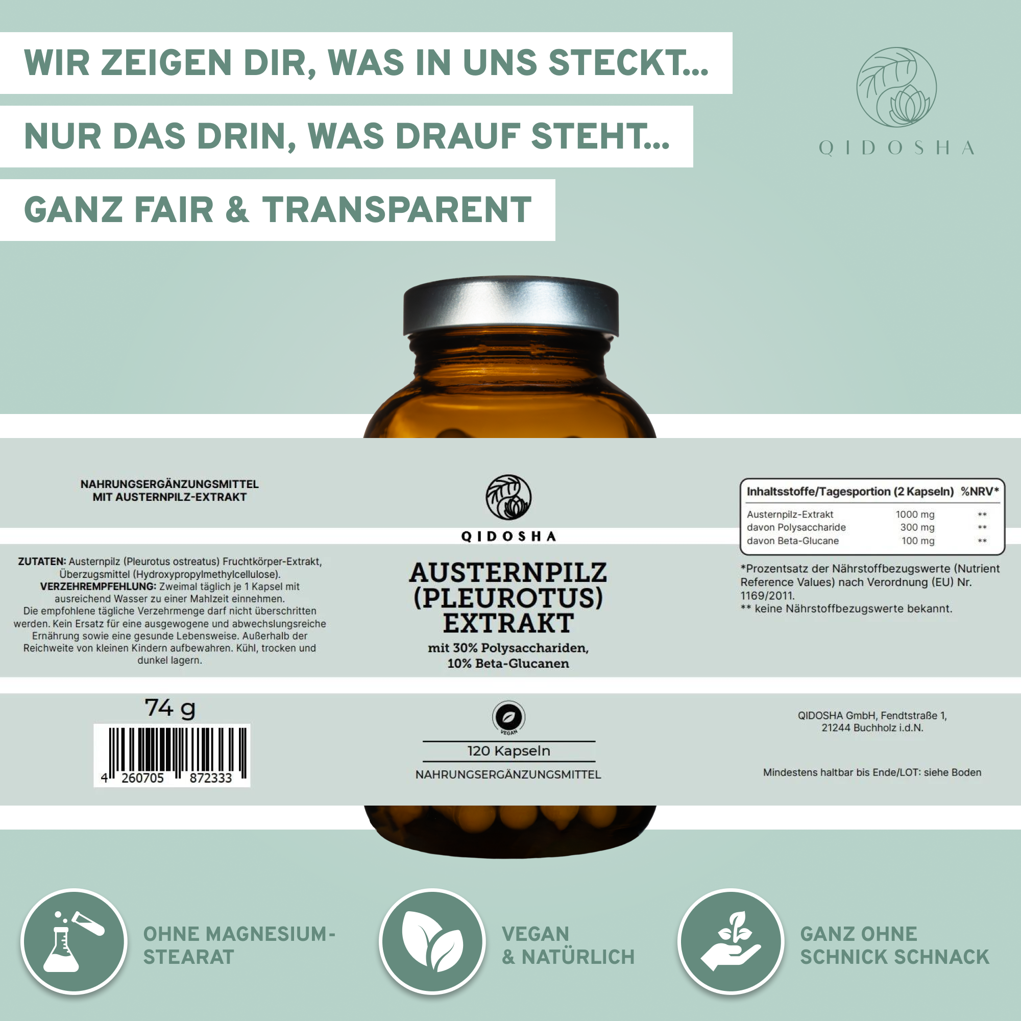 Austernpilz (Pleurotus) Extrakt, 120 vegane Kapseln, Premium-Qualität, laborgeprüft, ohne Zusatzstoffe, hohes Polysaccharid- und Betaglucan-Gehalt, in nachhaltigem Glas von QIDOSHA.