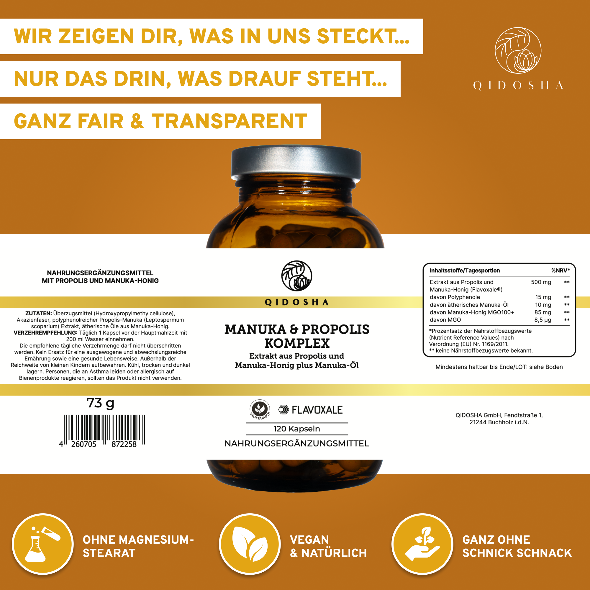 Manuka & Propolis Komplex von QIDOSHA: 120 vegane Kapseln mit Flavoxale®, Propolis, Manuka-Honig MGO100+, ohne Zusatzstoffe, Premium-Nahrungsergänzung, laborgeprüft, in Apothekergläsern.