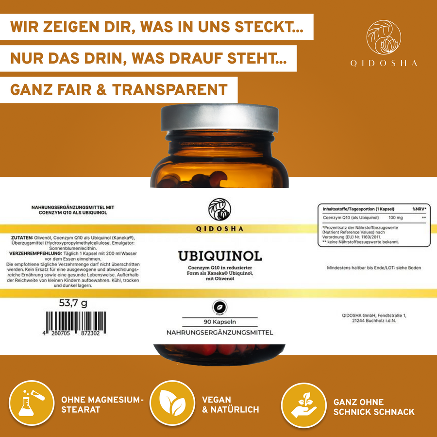 Coenzym Q10 als Ubiquinol mit dem Markenrohstoff von KANEKA®, 90 vegane Kapseln, Premium-Nahrungsergänzungsmittel ohne Füllstoffe, hohe Bioverfügbarkeit, laborgeprüft, in nachhaltigem Glas.