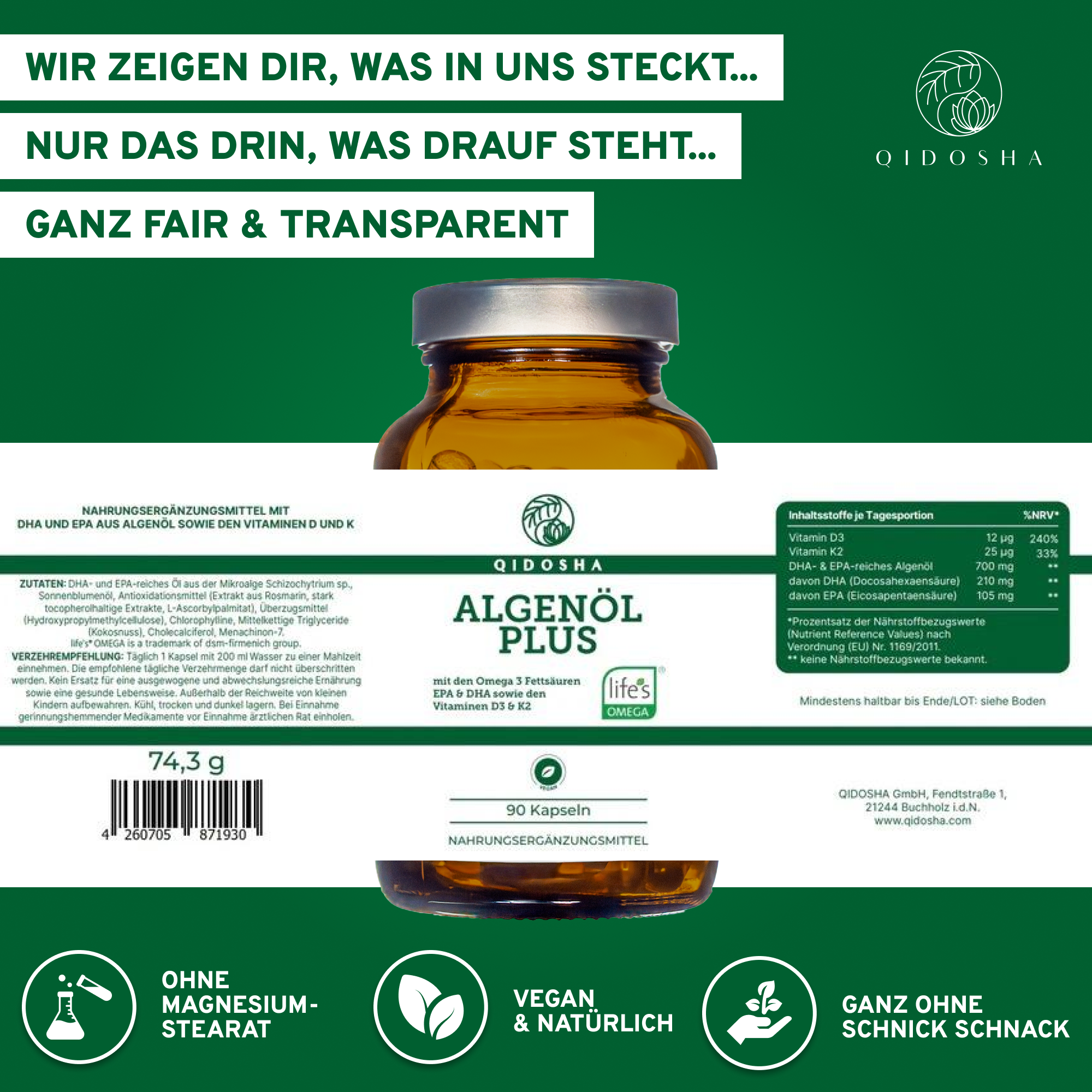 QIDOSHA Algenöl Plus: Premium Omega-3-Fettsäuren aus veganer Quelle mit Vitaminen D3 und K2, laborgeprüft, ohne Füllstoffe, in nachhaltigem Glas, 90 Kapseln.