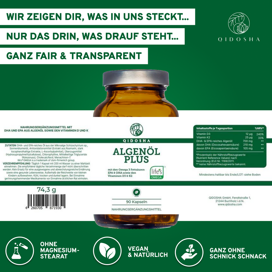 QIDOSHA Algenöl Plus: Premium Omega-3-Fettsäuren aus veganer Quelle mit Vitaminen D3 und K2, laborgeprüft, ohne Füllstoffe, in nachhaltigem Glas, 90 Kapseln.