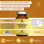 QIDOSHA Vitamin B12 Komplex Tabletten, hochwertiges Nahrungsergänzungsmittel in Glasverpackung, vegan, ohne Zusatzstoffe, mit Methylcobalamin, Adenosylcobalamin, Hydroxocobalamin; laborgeprüfte Qualität.