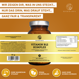 QIDOSHA Vitamin B12 Komplex Tabletten, hochwertiges Nahrungsergänzungsmittel in Glasverpackung, vegan, ohne Zusatzstoffe, mit Methylcobalamin, Adenosylcobalamin, Hydroxocobalamin; laborgeprüfte Qualität.