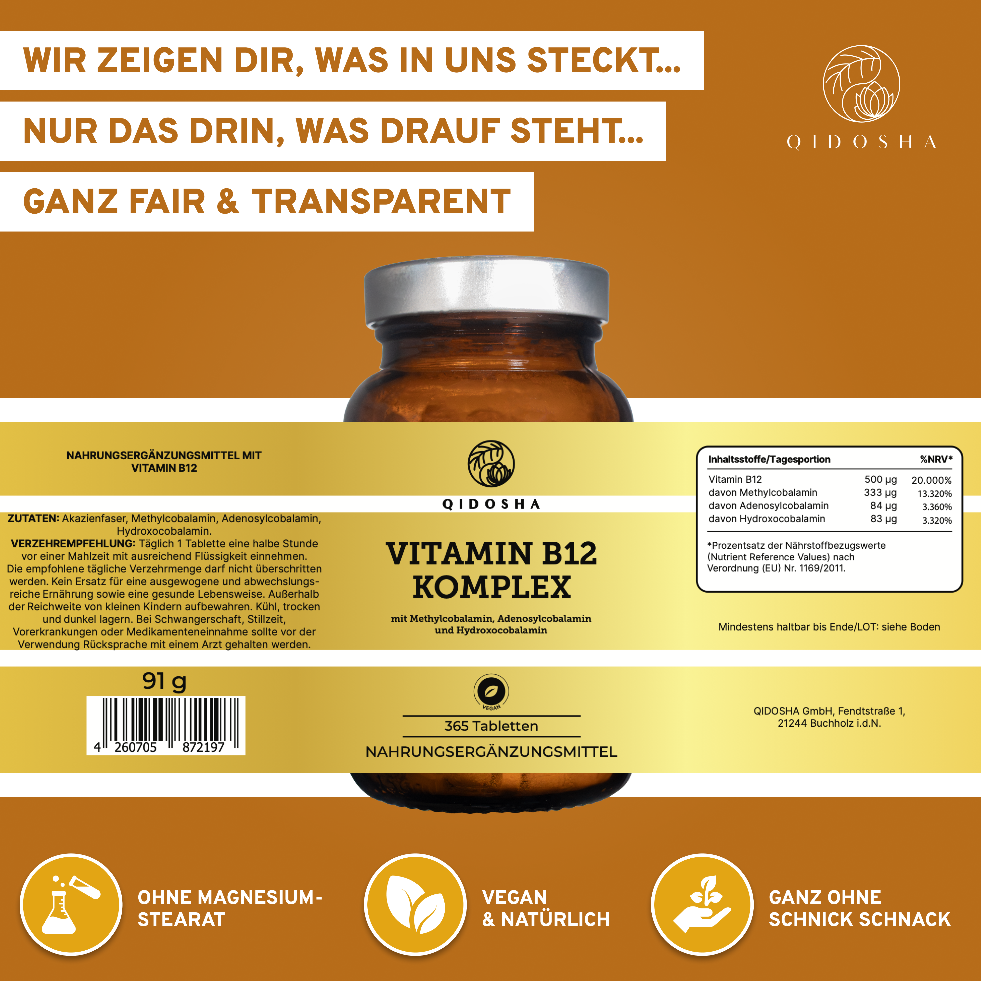QIDOSHA Vitamin B12 Komplex Tabletten, hochwertiges Nahrungsergänzungsmittel in Glasverpackung, vegan, ohne Zusatzstoffe, mit Methylcobalamin, Adenosylcobalamin, Hydroxocobalamin; laborgeprüfte Qualität.