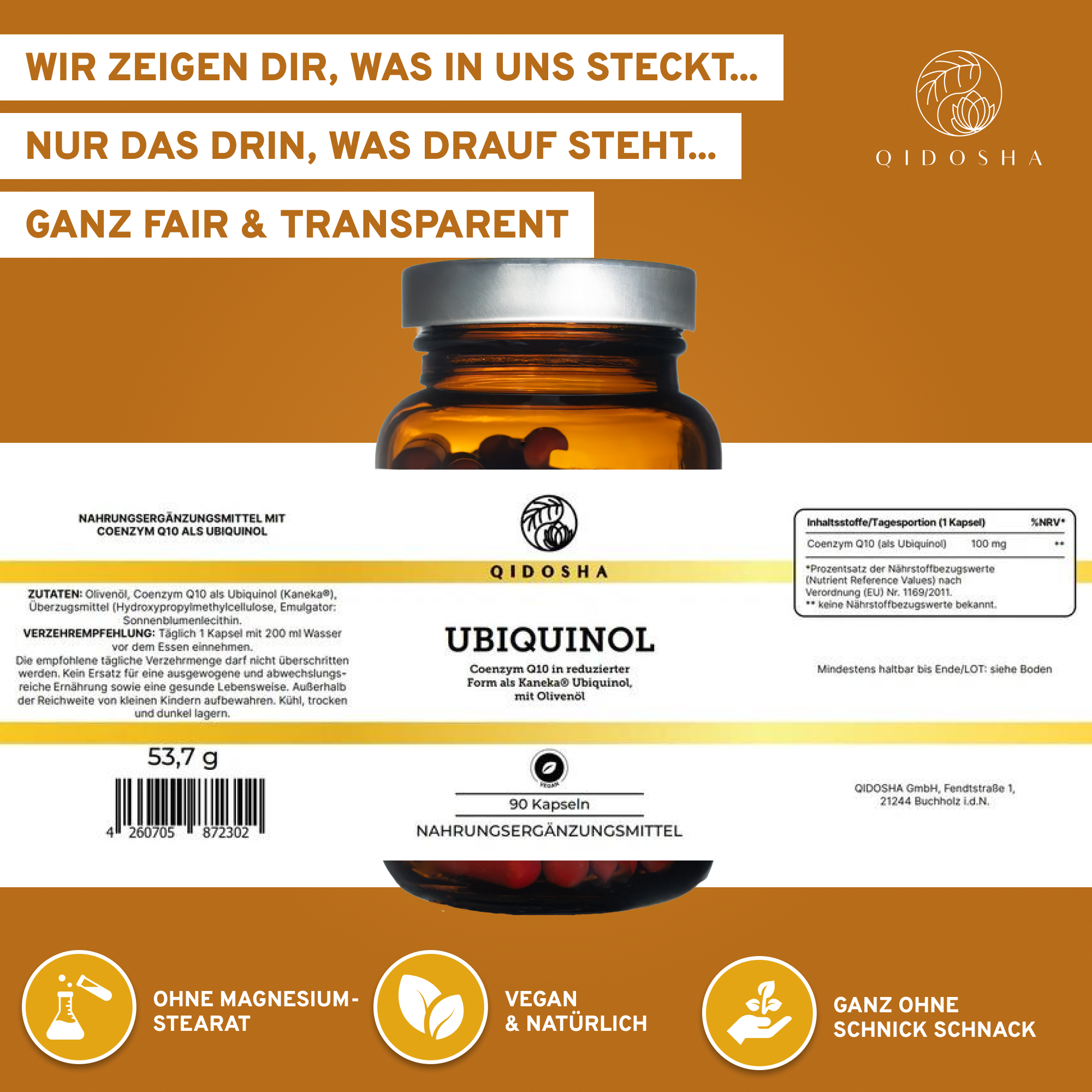 QIDOSHA Daily Essentials Plus Stack Produktbild: Premium Ubiquinol Nahrungsergänzung mit Coenzym Q10 von Kaneka, vegan, ohne Füllstoffe, true clean label, 90 Kapseln.