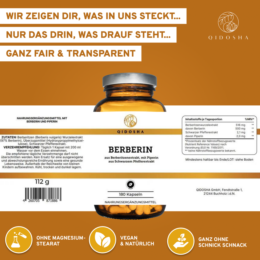 Premium-Berberin aus Berberitzenextrakt mit Piperin als Bioenhancer, in einem braunen Glasgefäß, ohne Füllstoffe, vegan, laborgeprüft, 180 Kapseln von Qidosha.