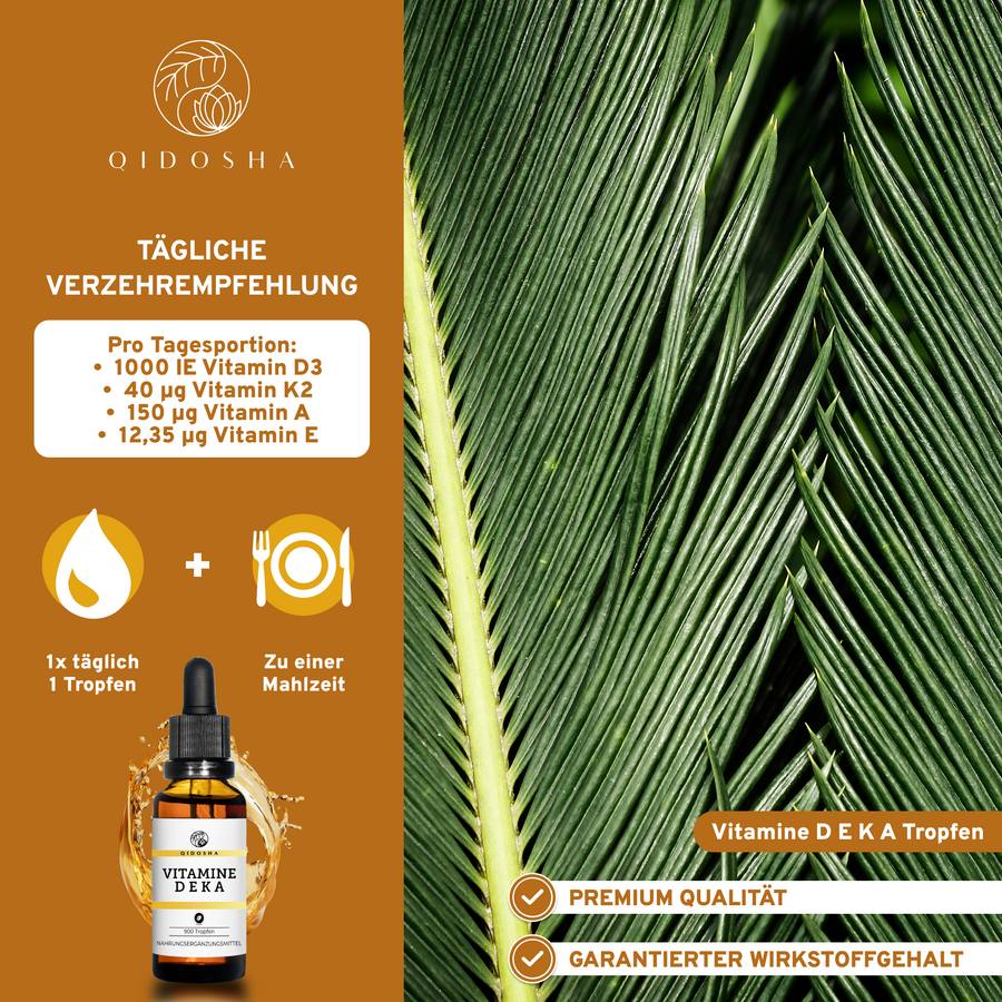 QIDOSHA Vitamine DEKA Tropfen: Premium Nahrungsergänzung mit 900 Tropfen, enthält Vitamine D3, K2, A und E in MCT-Öl. Vegan, laborgeprüfte Qualität, ohne Zusatzstoffe.