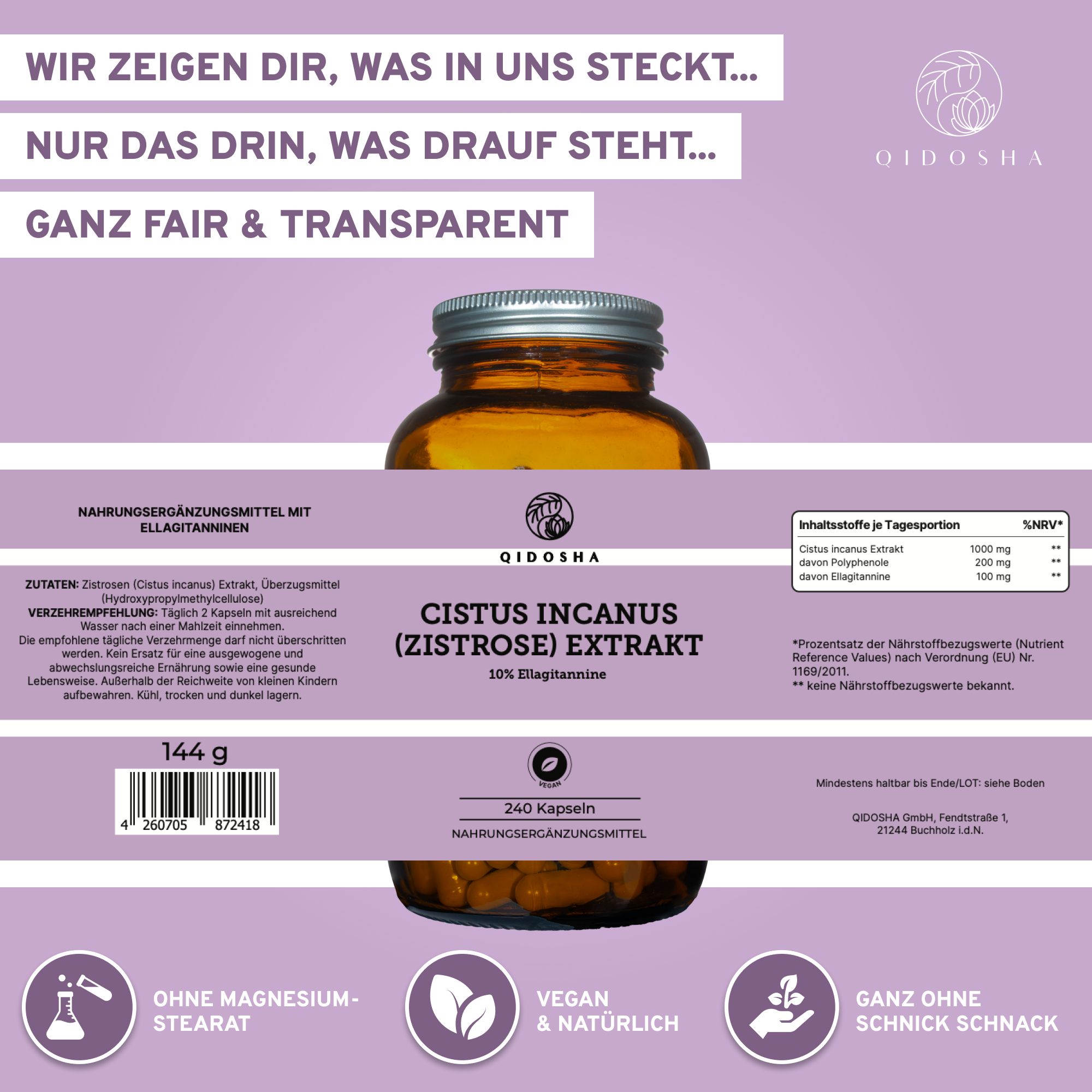 Cistus Incanus (Zistrose) Extrakt: 240 vegane Kapseln im Glas, 10% Ellagitannine, laborgeprüfte Premium-Qualität, ohne Zusatzstoffe, aus mediterranen Zistroseblättern, hergestellt in Deutschland.