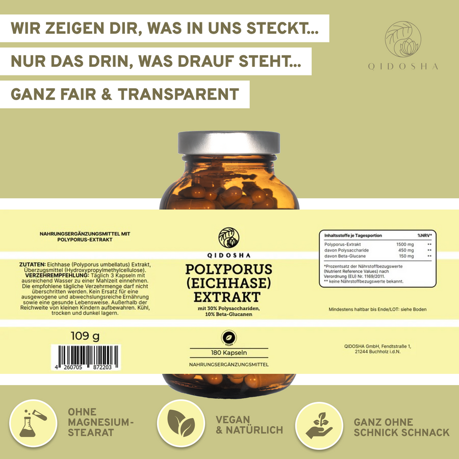 Polyporus (Eichhase) Extrakt von QIDOSHA: Premium-Diät-Ergänzung in Glas mit 180 veganen Kapseln, hohe Qualität, laborgeprüft, ohne Zusatzstoffe, hergestellt in Deutschland.