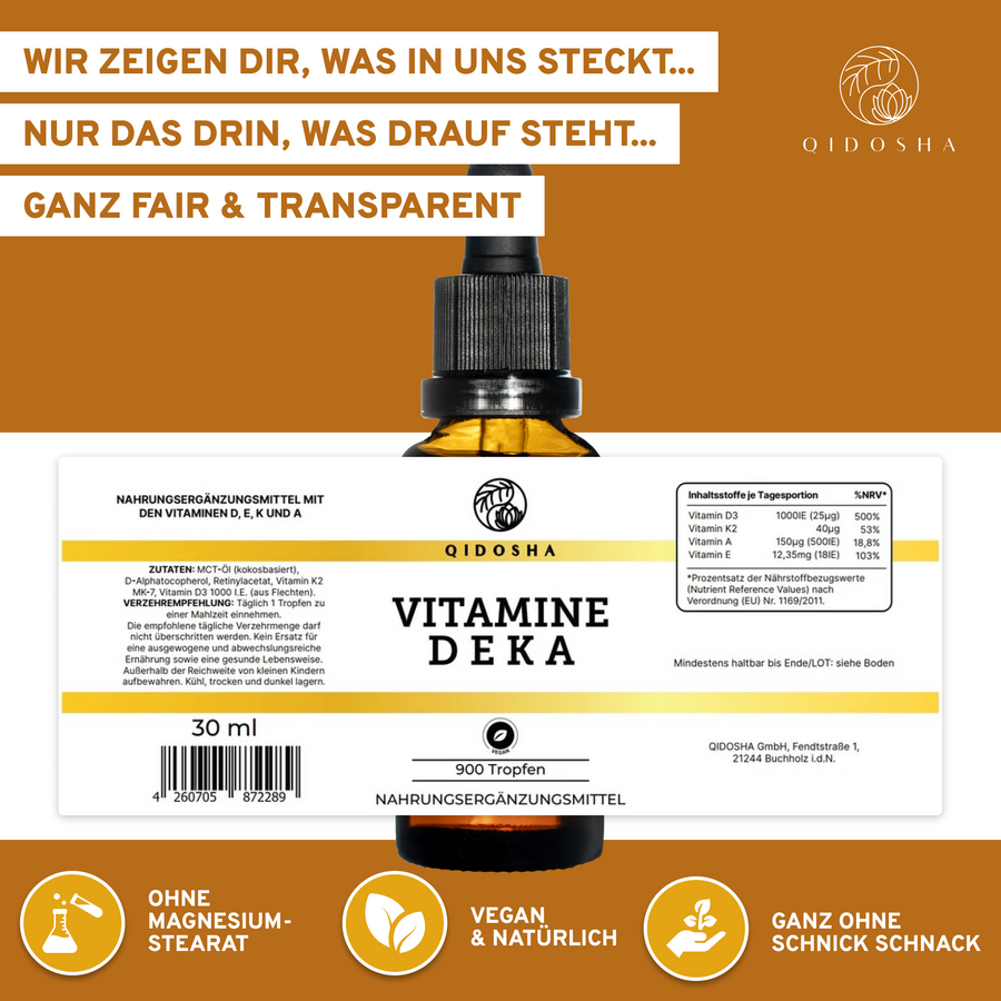 Vitamine D E K A Tropfen: Premium, veganer, laborgeprüfter Multivitamin-Tropfen im 30 ml Glasfläschchen, enthält fettlösliche Vitamine in hochwertigem MCT-Öl, ohne Zusatzstoffe.