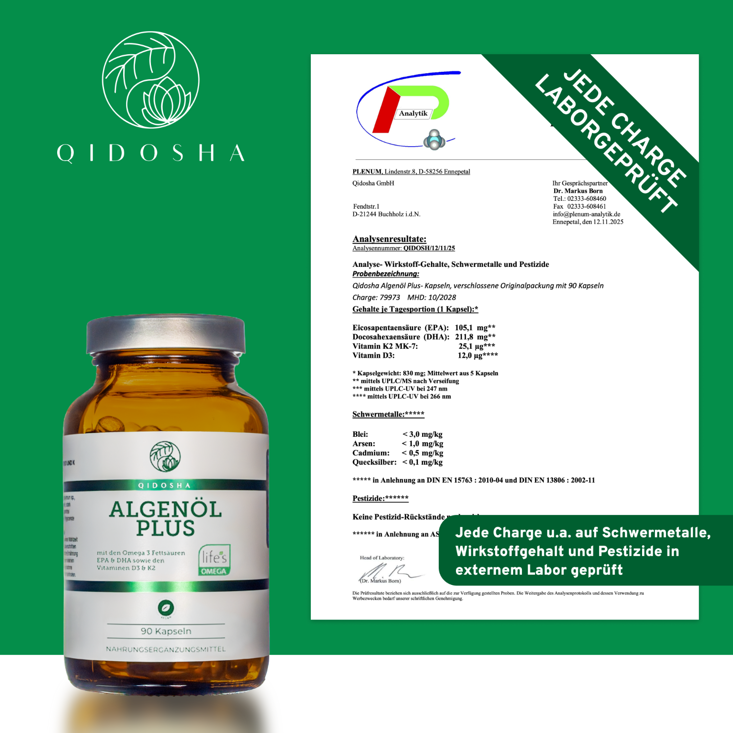 Qidosha Algenöl Plus: Premium Omega 3 aus veganer Algenquelle mit Vitaminen D und K, laborgeprüft, ohne Zusatzstoffe, in nachhaltigem Glasbehälter.