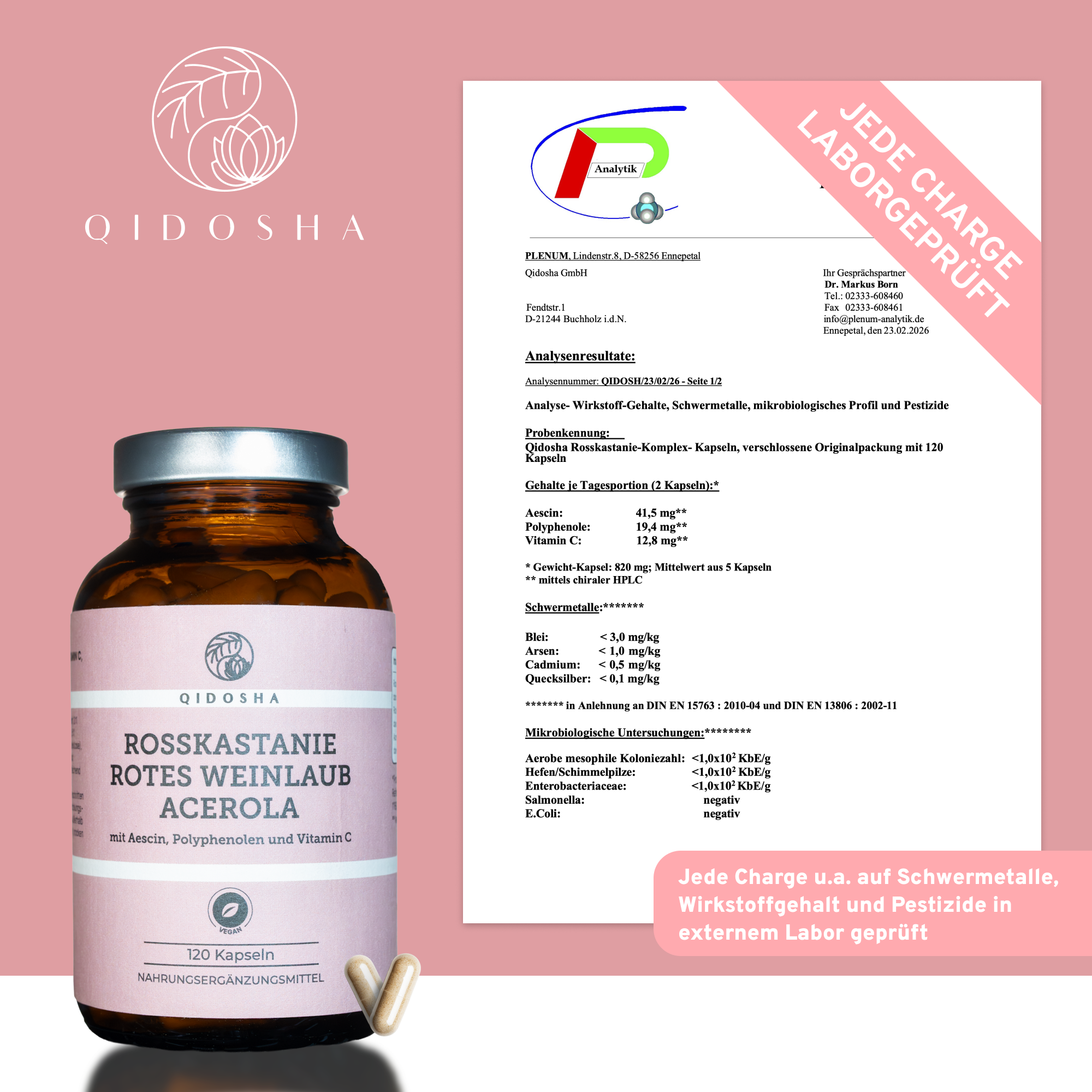 QIDOSHA Rosskastanie, Rotes Weinlaub, Acerola: Premium-Nahrungsergänzungsmittel in Glas mit 120 veganen Kapseln, laborgeprüft, ohne Füllstoffe, liefert Aescin, Polyphenole, Vitamin C.