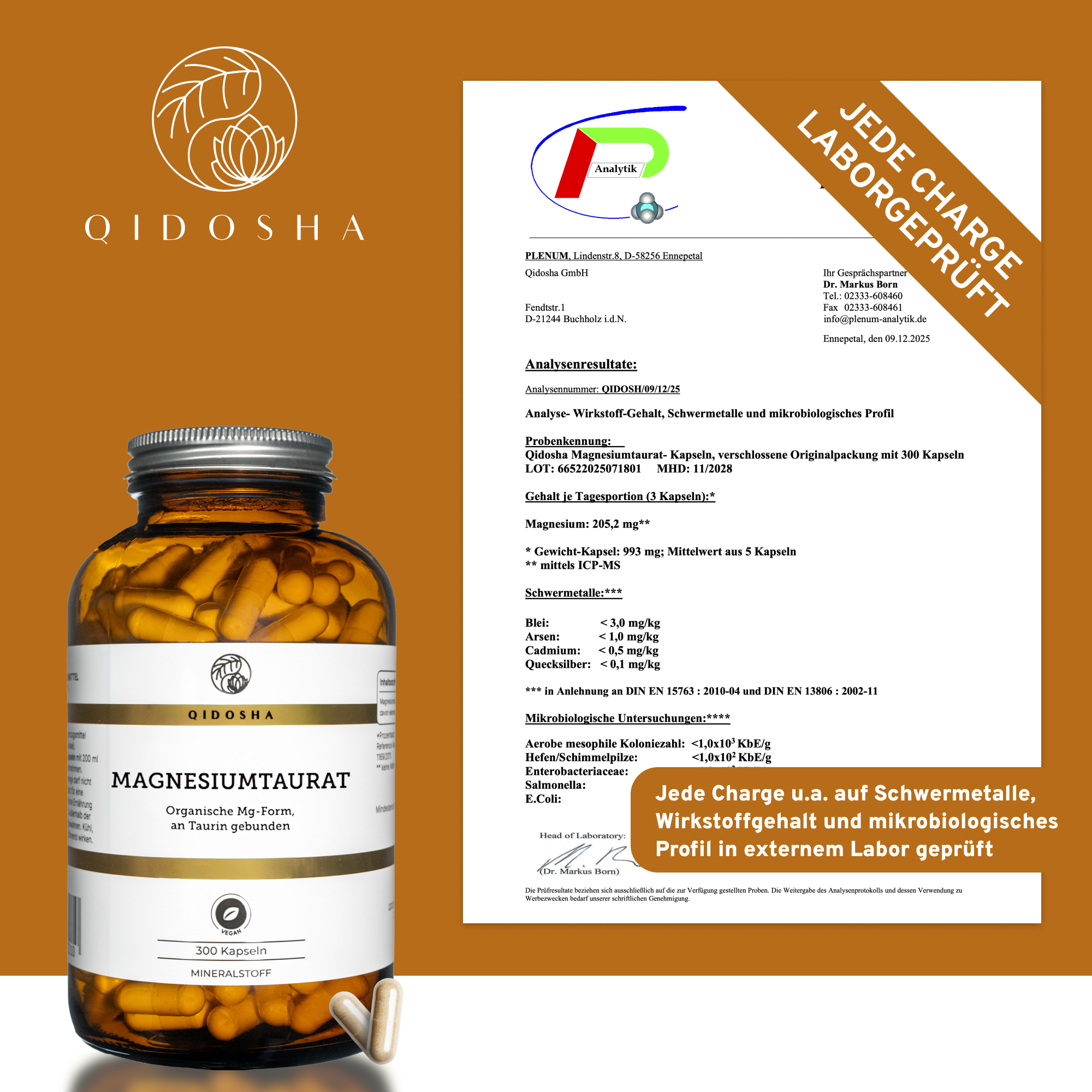 QIDOSHA Magnesium-Taurat: 300 vegane Kapseln in Glas, organische Mg-Form, laborgeprüft, hohe Bioverfügbarkeit, ohne Zusatzstoffe, Premium-Qualität. Jede Charge getestet auf Schadstoffe.