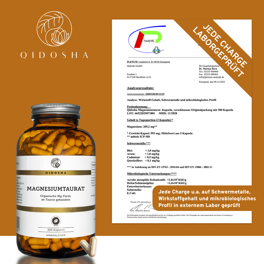 QIDOSHA Magnesium-Taurat: 300 vegane Kapseln in Glas, organische Mg-Form, laborgeprüft, hohe Bioverfügbarkeit, ohne Zusatzstoffe, Premium-Qualität. Jede Charge getestet auf Schadstoffe.