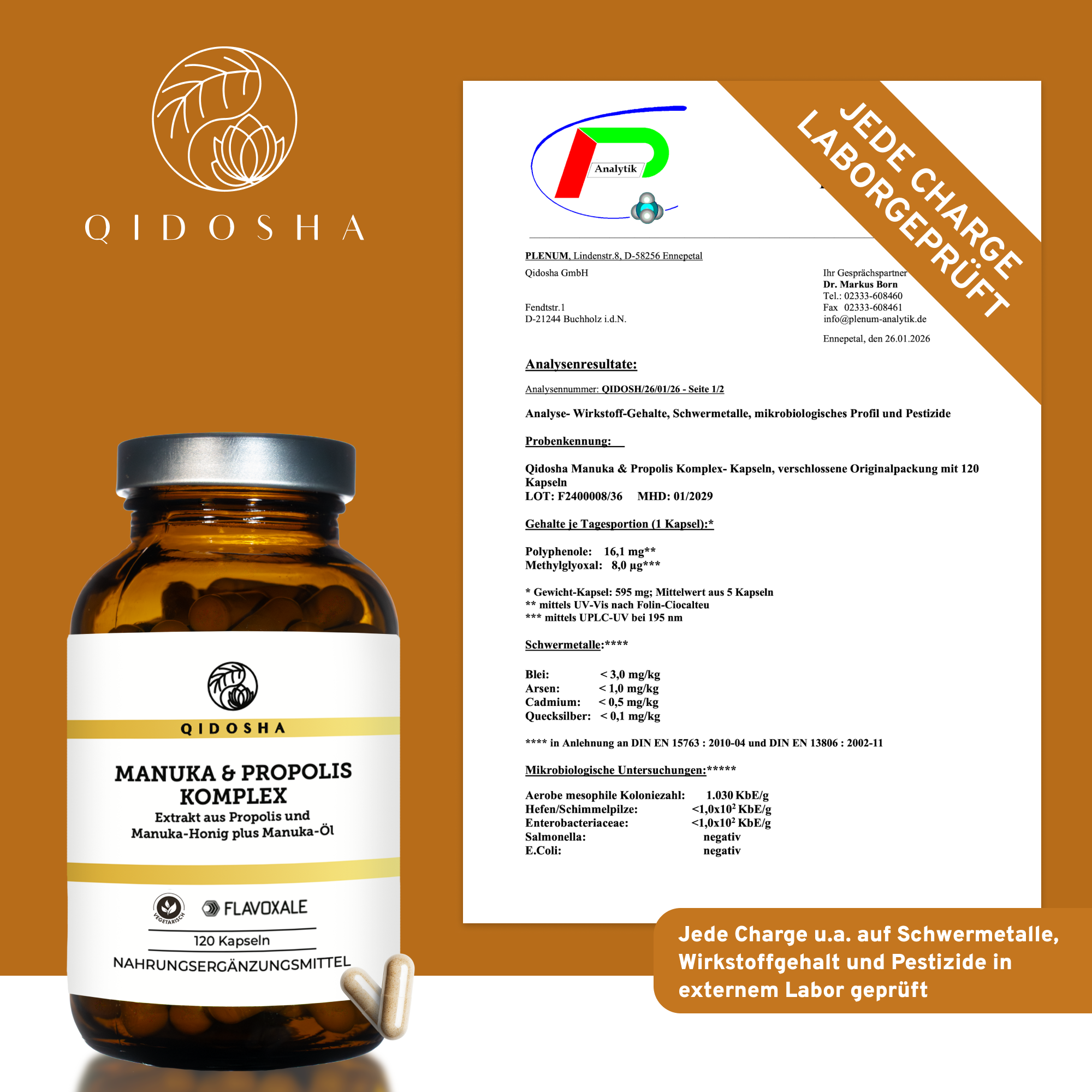 Propolis & Manuka Komplex mit dem Markenrohstoff Flavoxale®: Premium-Nahrungsergänzungsmittel in Glasflasche, 120 Kapseln, laborgeprüfte Qualität, ohne Füllstoffe, mit Testzertifikat.