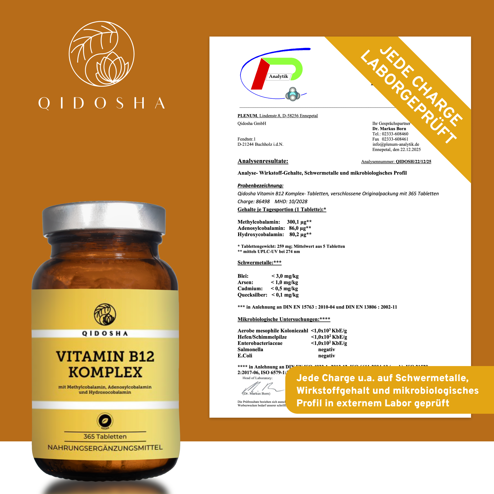QIDOSHA Vitamin B12 Komplex Tabletten in braunem Glas, laborgeprüft, synergistischer B12-Komplex mit Methylcobalamin, Adenosylcobalamin, Hydroxocobalamin. Premium-Nahrungsergänzungsmittel, ohne Zusatzstoffe. Vegan, in Deutschland hergestellt.