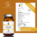 Coenzym Q10 als Ubiquinol mit dem Markenrohstoff von KANEKA®, 90 Kapseln, laborgeprüfte Qualität, ohne Füll- oder Zusatzstoffe, in nachhaltigem Apothekerglas. Zertifikat von PLENUM Analytik sichtbar.