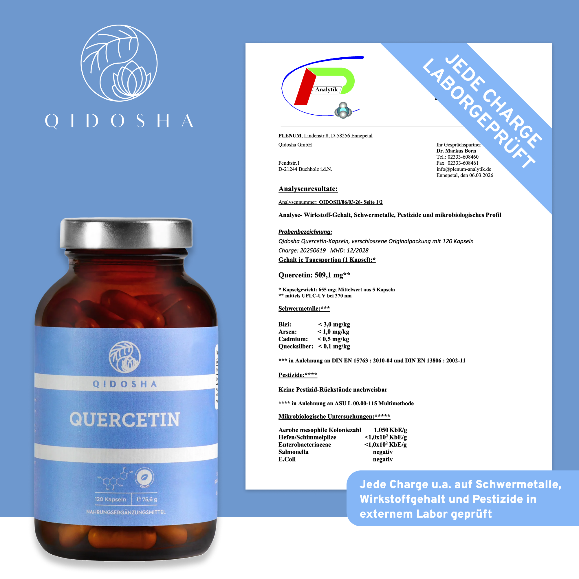 Qidosha Quercetin Kapseln in braunem Glasfläschchen mit externem Laborzertifikat: Hochkonzentriertes, laborgeprüftes Premium-Produkt. 500 mg Quercetin pro Kapsel, ohne Zusatzstoffe, 100% True Clean Label.