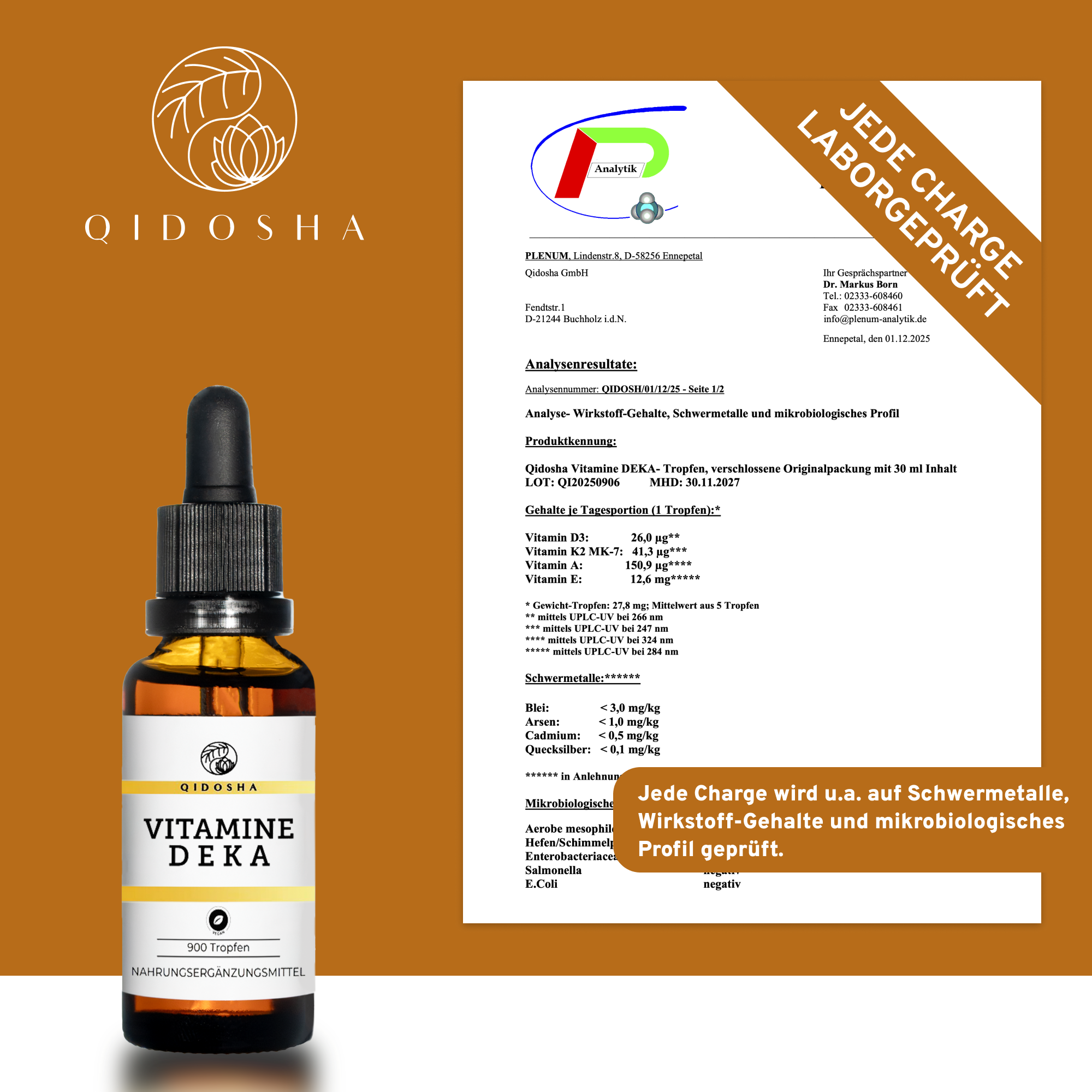 QIDOSHA Vitamine D E K A Tropfen, Premium Nahrungsergänzung, laborgeprüftes MCT-Öl, enthält fettlösliche Vitamine. Hochwertige Glasflasche mit Pipette, 900 Tropfen.