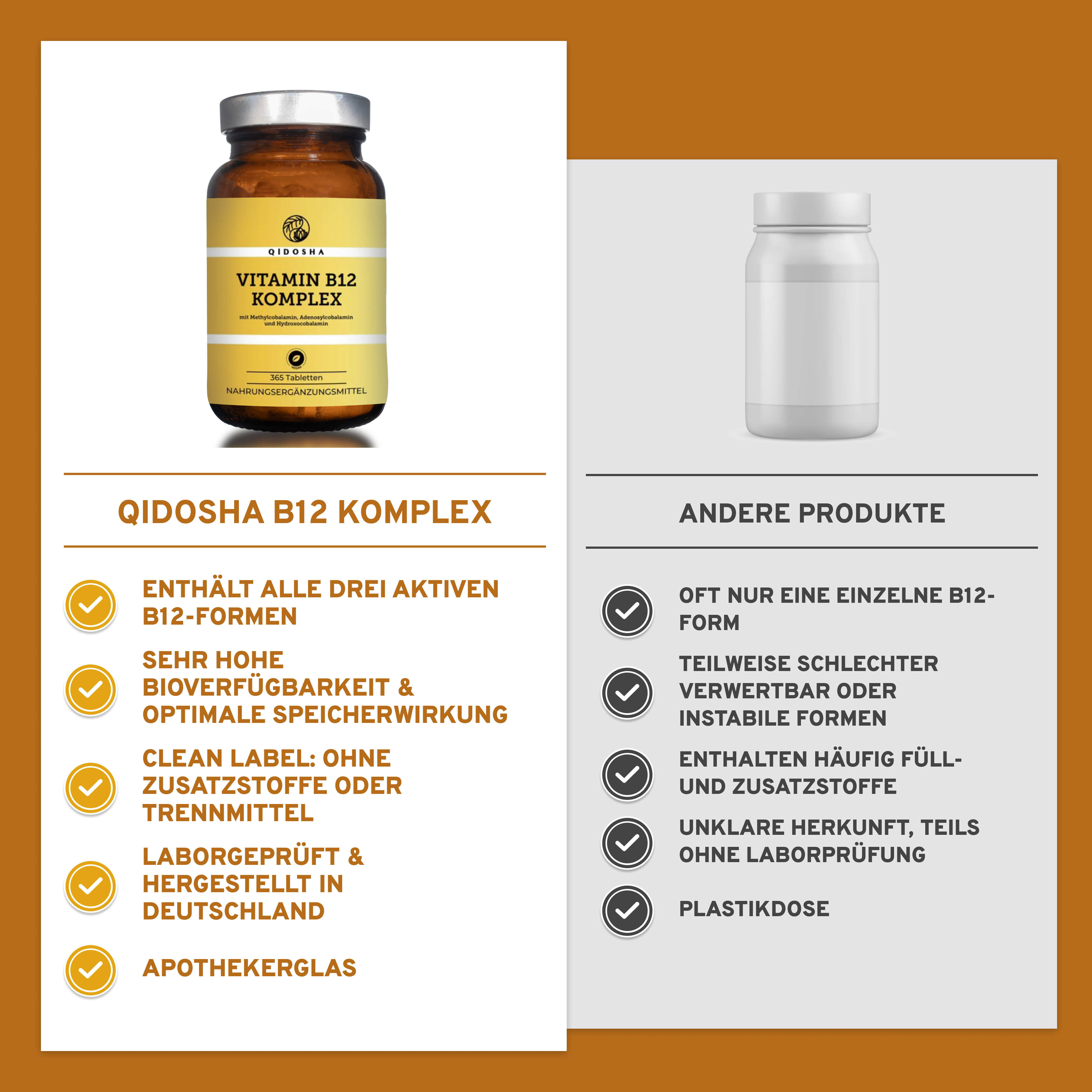 Vitamin B12 Komplex Tabletten im Apothekerglas, enthält alle drei aktiven B12-Formen, hohe Bioverfügbarkeit, laborgeprüft, ohne Zusatzstoffe, hergestellt in Deutschland.