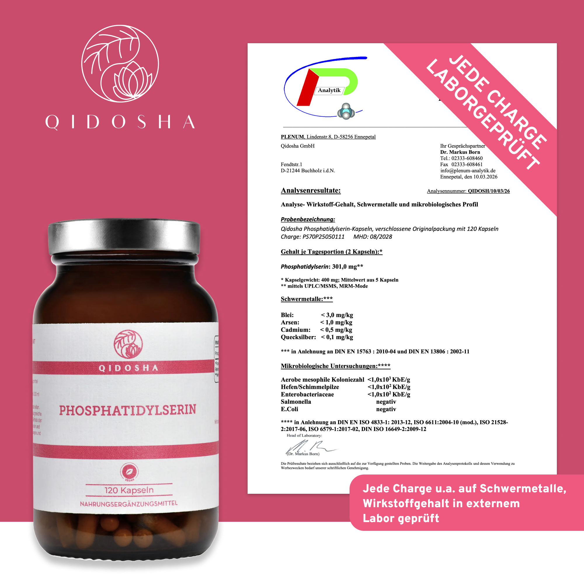 Qidosha Phosphatidylserin: Premium, laborgeprüftes Nahrungsergänzungsmittel in Glasbehälter, 120 vegane Kapseln, ohne Zusatzstoffe, enthält 301 mg Phosphatidylserin pro Tagesportion.