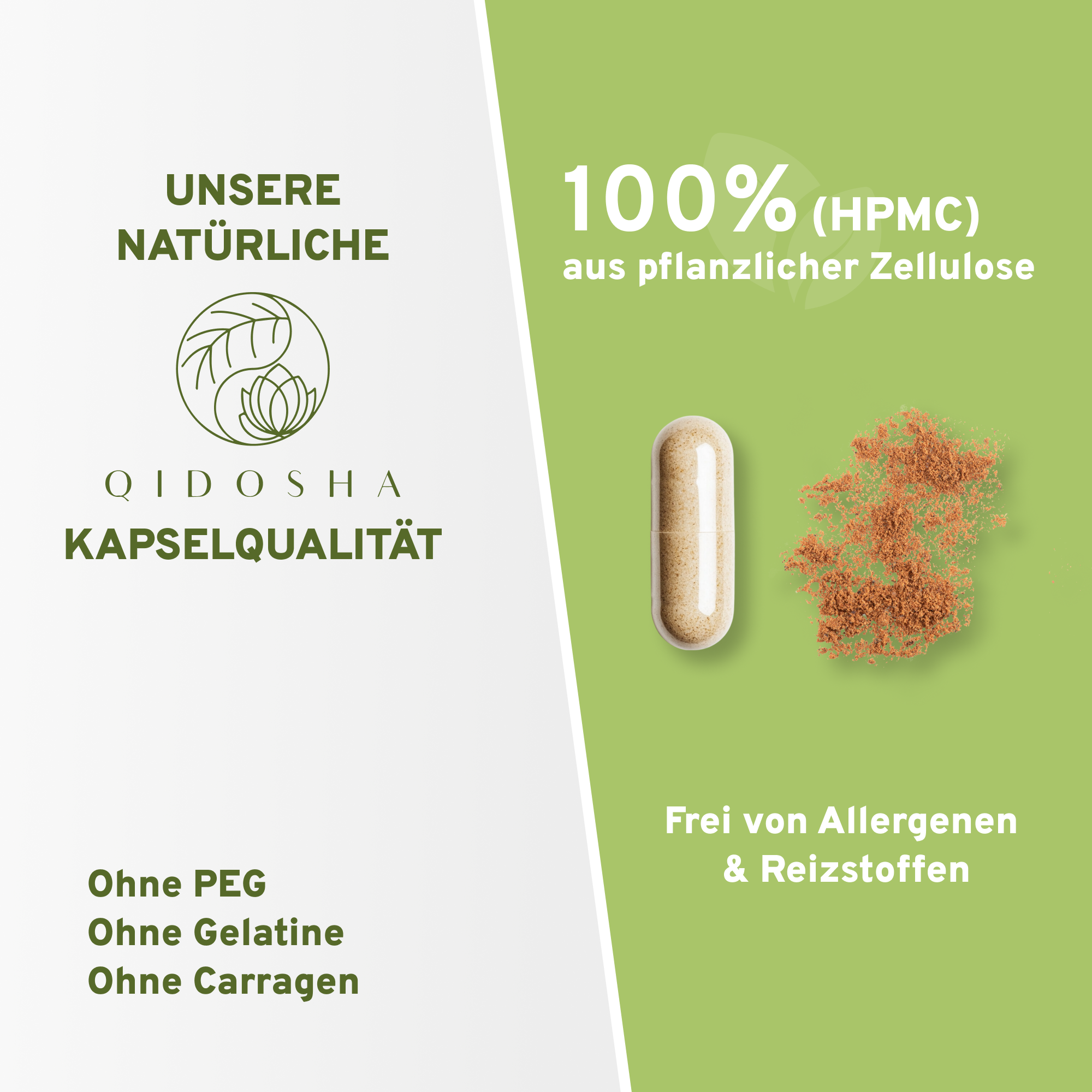 Werbegrafik für Premium-Brennnessel-Komplex-Kapseln mit Rosskastanie und Weinrebenblatt, plus Kupfer und Mangan. 100 % pflanzlich, allergenfrei, laborgeprüfte Qualität, ohne Zusatzstoffe.