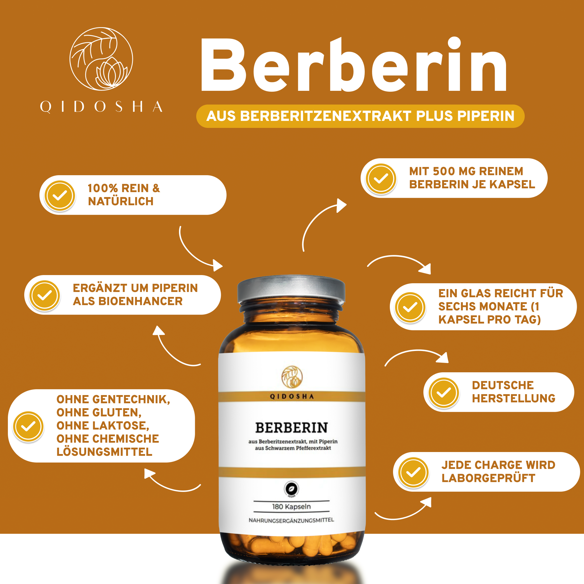 Qidosha Berberin aus Berberitzenextrakt plus Piperin als Bioenhancer, 180 Kapseln, 500 mg Berberin je Kapsel, laborgeprüft, ohne Zusatzstoffe, in nachhaltigem Apothekerglas.