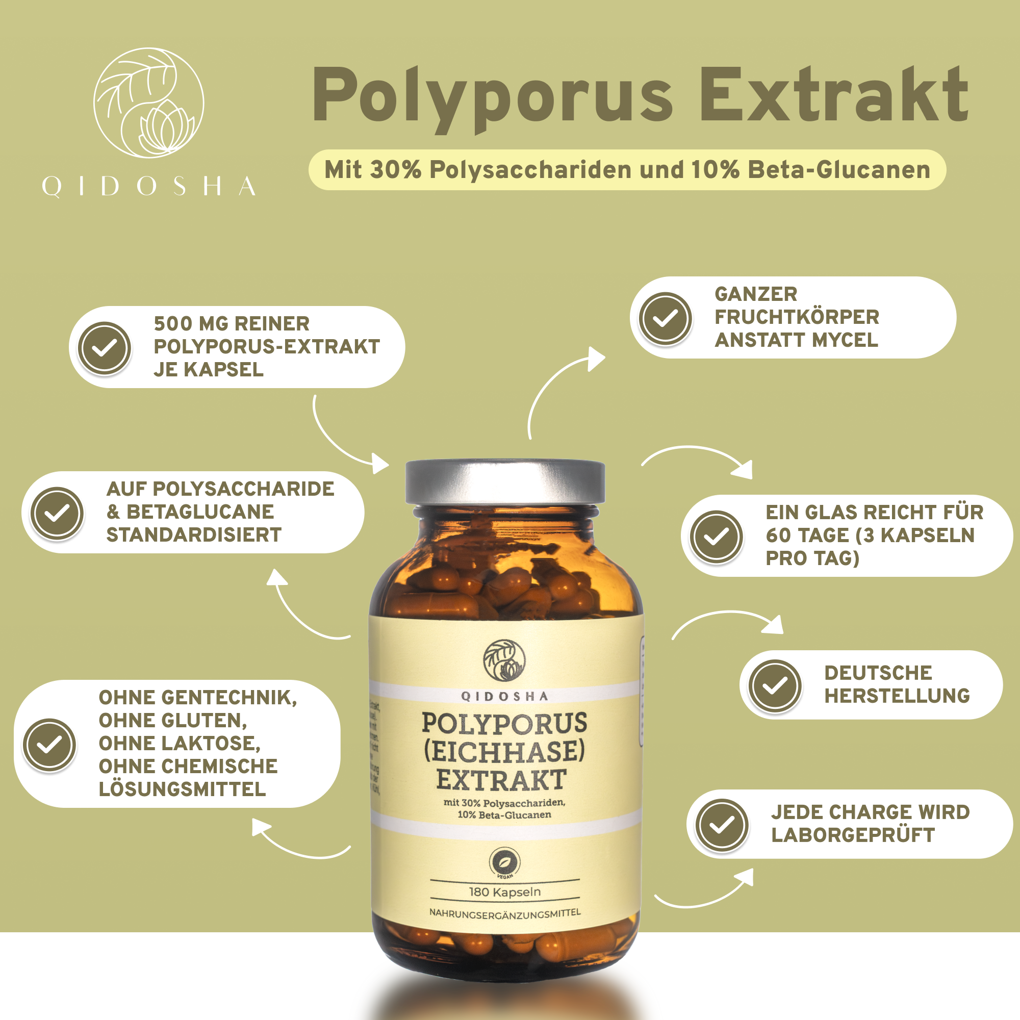 Polyporus (Eichhase) Extrakt in Premium-Qualität: 180 Kapseln, 500 mg je Kapsel, ohne Zusatzstoffe, laborgeprüft, aus Fruchtkörper. Hergestellt in Deutschland. Nachhaltiges Glas.