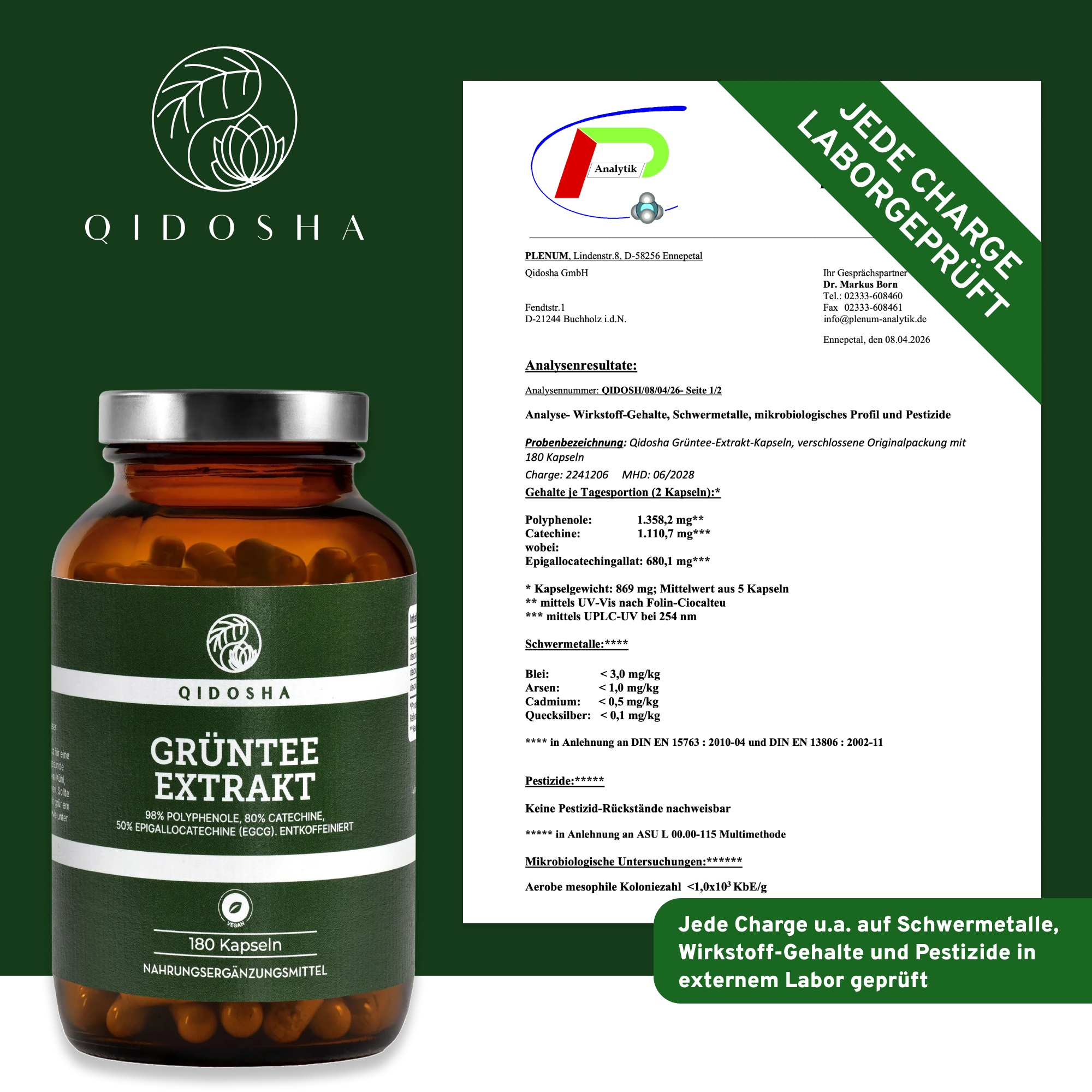 Grüntee-Extrakt (entkoffeiniert) in Premium-Qualität: 180 vegane Kapseln mit 98% Polyphenolen, ohne Füllstoffe, laborgeprüft, in umweltfreundlichem Glas, von QIDOSHA.