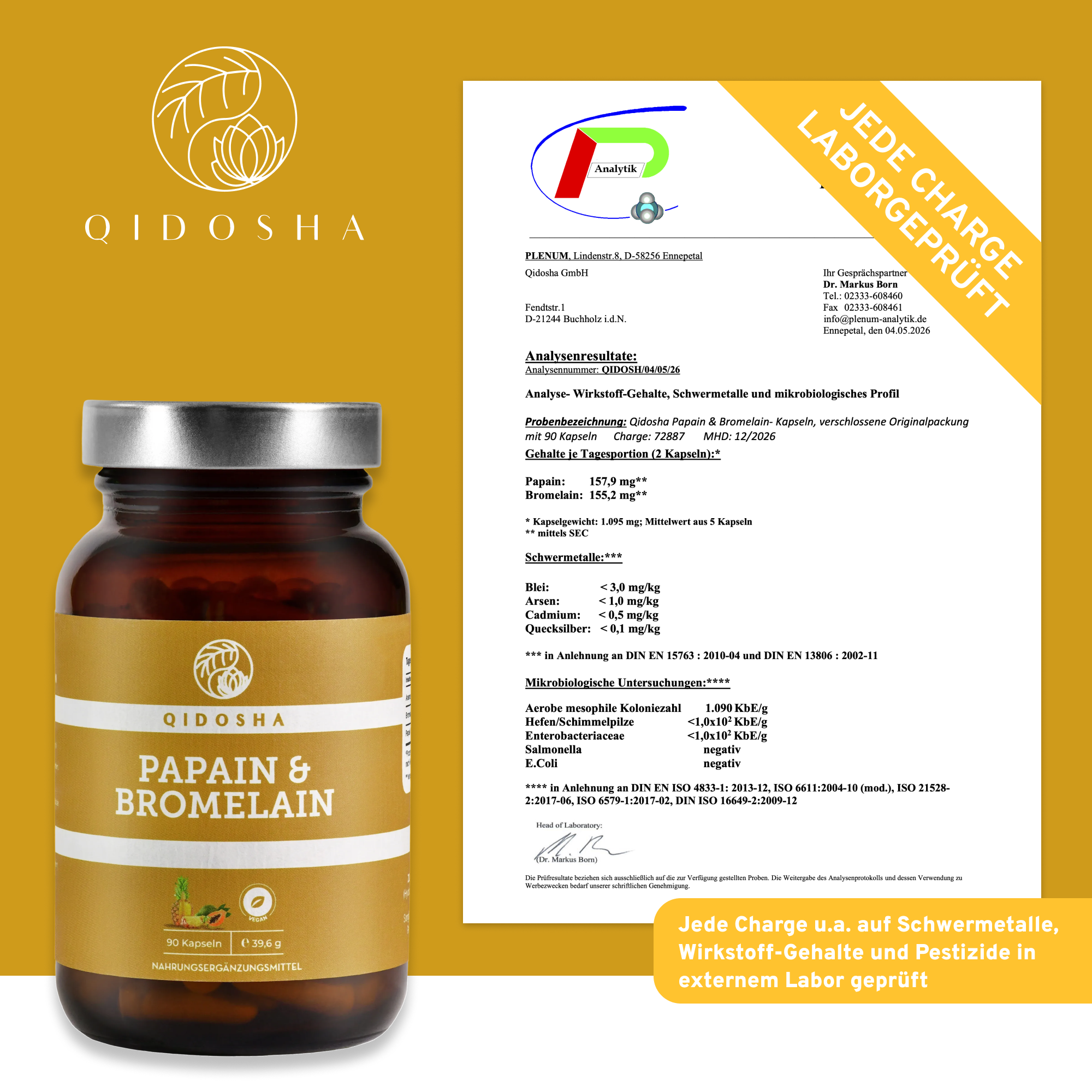 Papain & Bromelain im Glas: Premium, laborgeprüfte, magensaftresistente Kapseln von QIDOSHA, 90 vegan, ohne Füllstoffe. Enthält Ananas-Extrakt, hohe enzymatische Aktivität.