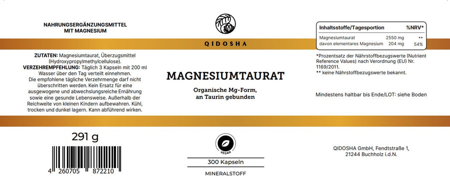 Magnesium-Taurat von QIDOSHA: Premium-Nahrungsergänzungsmittel, organisch, vegan, hohe Bioverfügbarkeit, ohne Füllstoffe, in Deutschland hergestellt, 300 Kapseln im Glas, laborgeprüft.