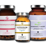 QIDOSHA Mental Stack: Drei Premium-Nahrungsergänzungsmittel in amberfarbenen Gläsern. Phosphatidylserin, Citicolin (Cognizin®), Magnesium L-Threonat (Magtein®) für mentale Leistungsfähigkeit. Laborgeprüft ohne Zusatzstoffe.
