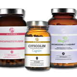 QIDOSHA Mental Stack: Drei Premium-Nahrungsergänzungsmittel in amberfarbenen Gläsern. Phosphatidylserin, Citicolin (Cognizin®), Magnesium L-Threonat (Magtein®) für mentale Leistungsfähigkeit. Laborgeprüft ohne Zusatzstoffe.