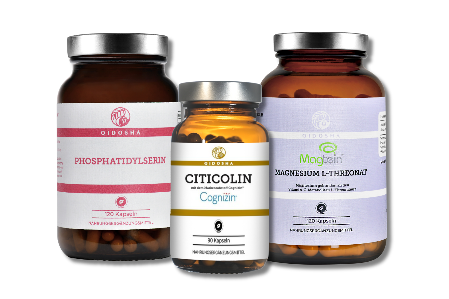 QIDOSHA Mental Stack: Drei Premium-Nahrungsergänzungsmittel in amberfarbenen Gläsern. Phosphatidylserin, Citicolin (Cognizin®), Magnesium L-Threonat (Magtein®) für mentale Leistungsfähigkeit. Laborgeprüft ohne Zusatzstoffe.