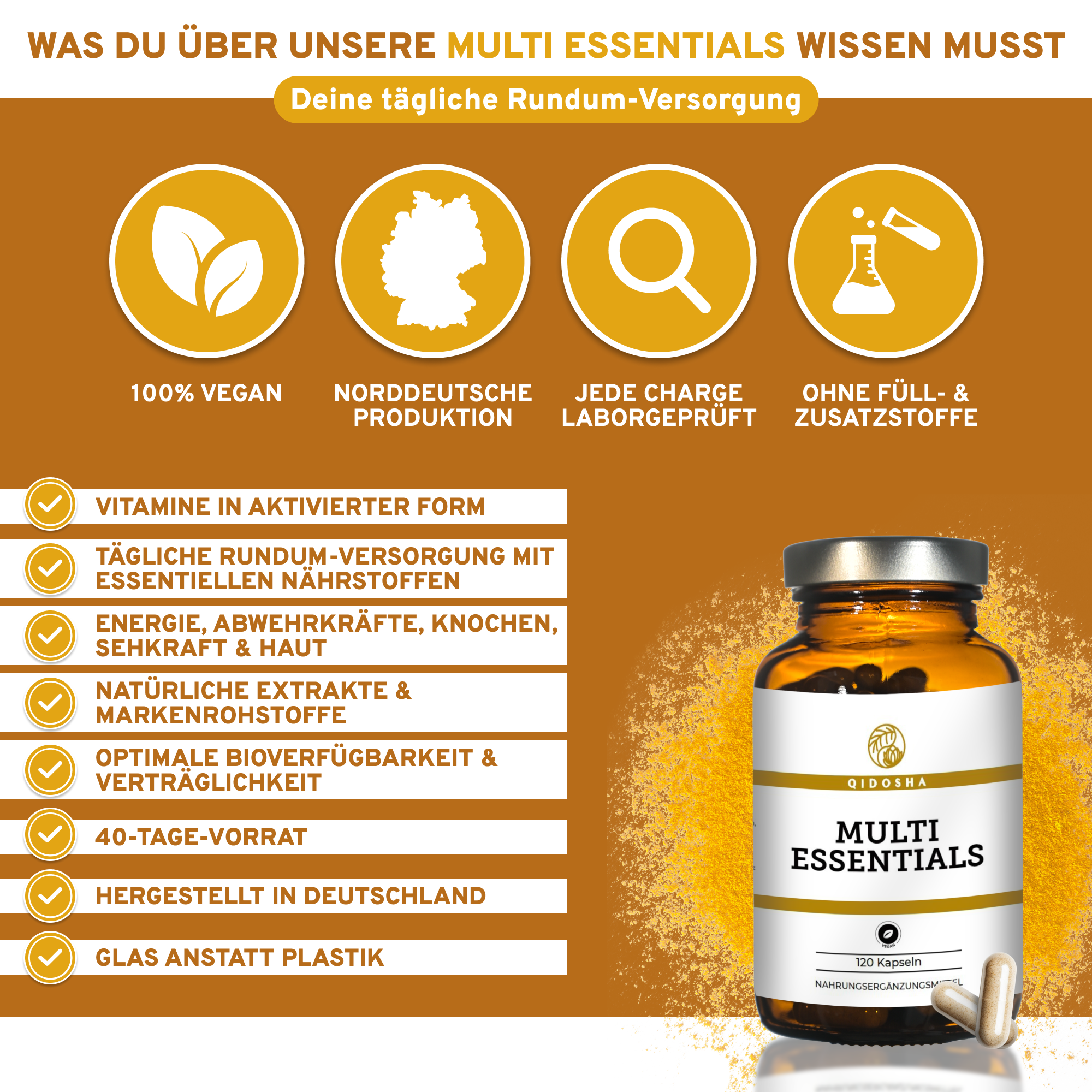 QIDOSHA Multi Essentials: Premium, laborgeprüftes Nahrungsergänzungsmittel mit Vitaminen, Mineralstoffen, Spurenelementen und sekundären Pflanzenstoffen, 100 % vegan, ohne Füll- oder Zusatzstoffe, hergestellt in Deutschland.