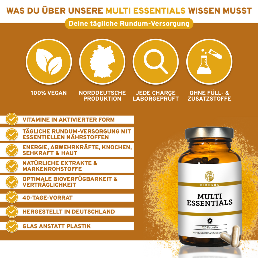 QIDOSHA Multi Essentials: Premium, laborgeprüftes Nahrungsergänzungsmittel mit Vitaminen, Mineralstoffen, Spurenelementen und sekundären Pflanzenstoffen, 100 % vegan, ohne Füll- oder Zusatzstoffe, hergestellt in Deutschland.