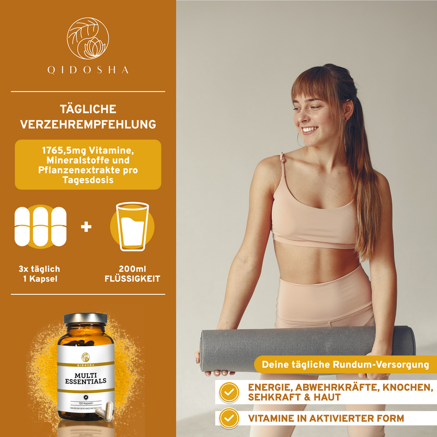 MULTI ESSENTIALS mit Vitaminen, Mineralstoffen, Spurenelementen und Pflanzenextrakten. Qidosha-Premium-Nahrungsergänzungsmittel im Braunglas, laborgeprüfte Qualität, ohne Füllstoffe, 120 Kapseln.