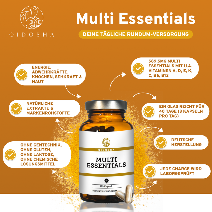 Multi Essentials von QIDOSHA: Premium Nahrungsergänzungsmittel in braunem Glas mit Vitaminen, Mineralstoffen, Spurenelementen und Pflanzenstoffen, laborgeprüft, ohne Füllstoffe.