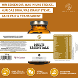 Qidosha Multi Essentials: Premium Nahrungsergänzungsmittel mit Vitaminen, Mineralstoffen, Spurenelementen, Pflanzenstoffen; vegan, ohne Füll- oder Zusatzstoffe, laborgeprüfte Qualität. 120 Kapseln im Braunglas.