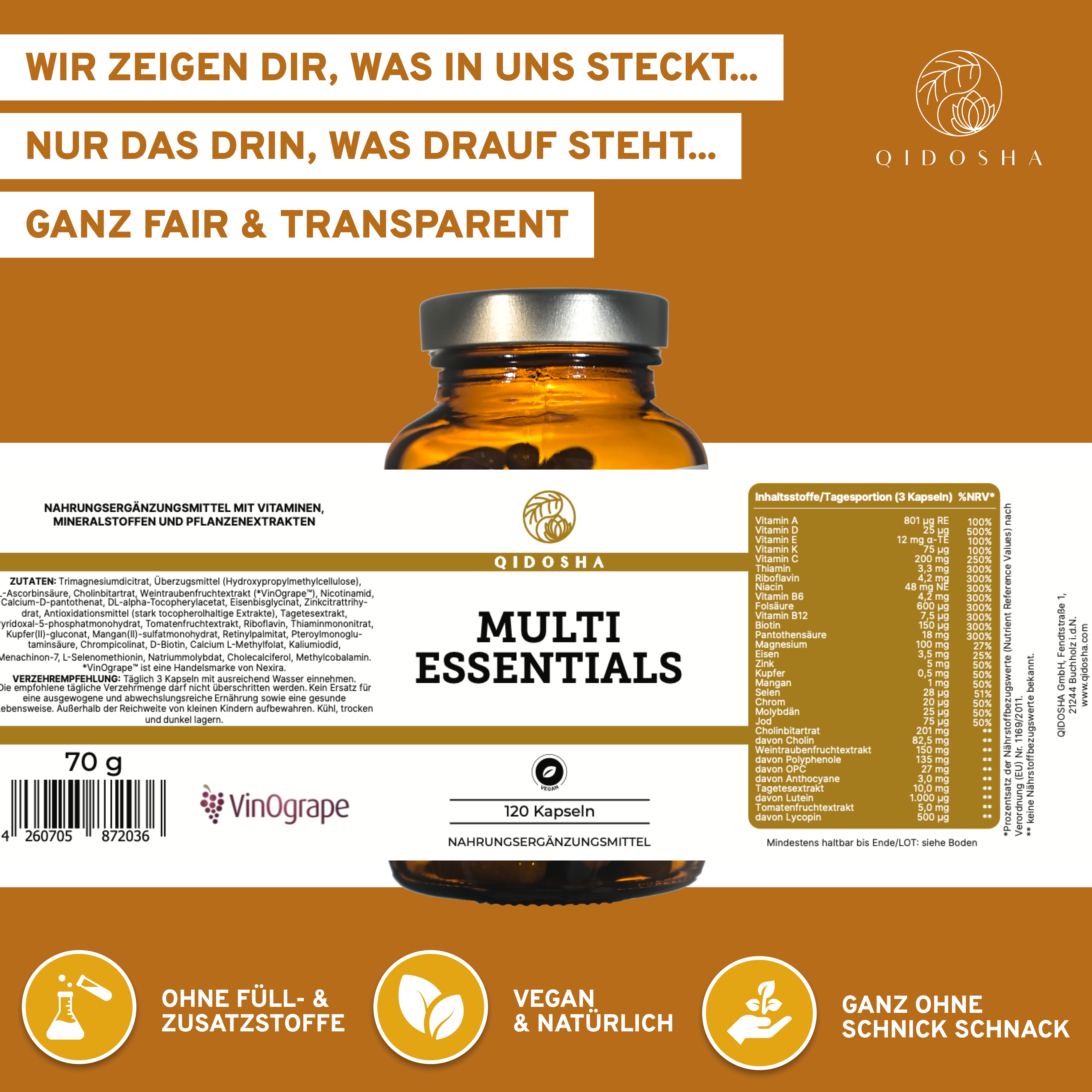 Qidosha Multi Essentials: Premium Nahrungsergänzungsmittel mit Vitaminen, Mineralstoffen, Spurenelementen, Pflanzenstoffen; vegan, ohne Füll- oder Zusatzstoffe, laborgeprüfte Qualität. 120 Kapseln im Braunglas.
