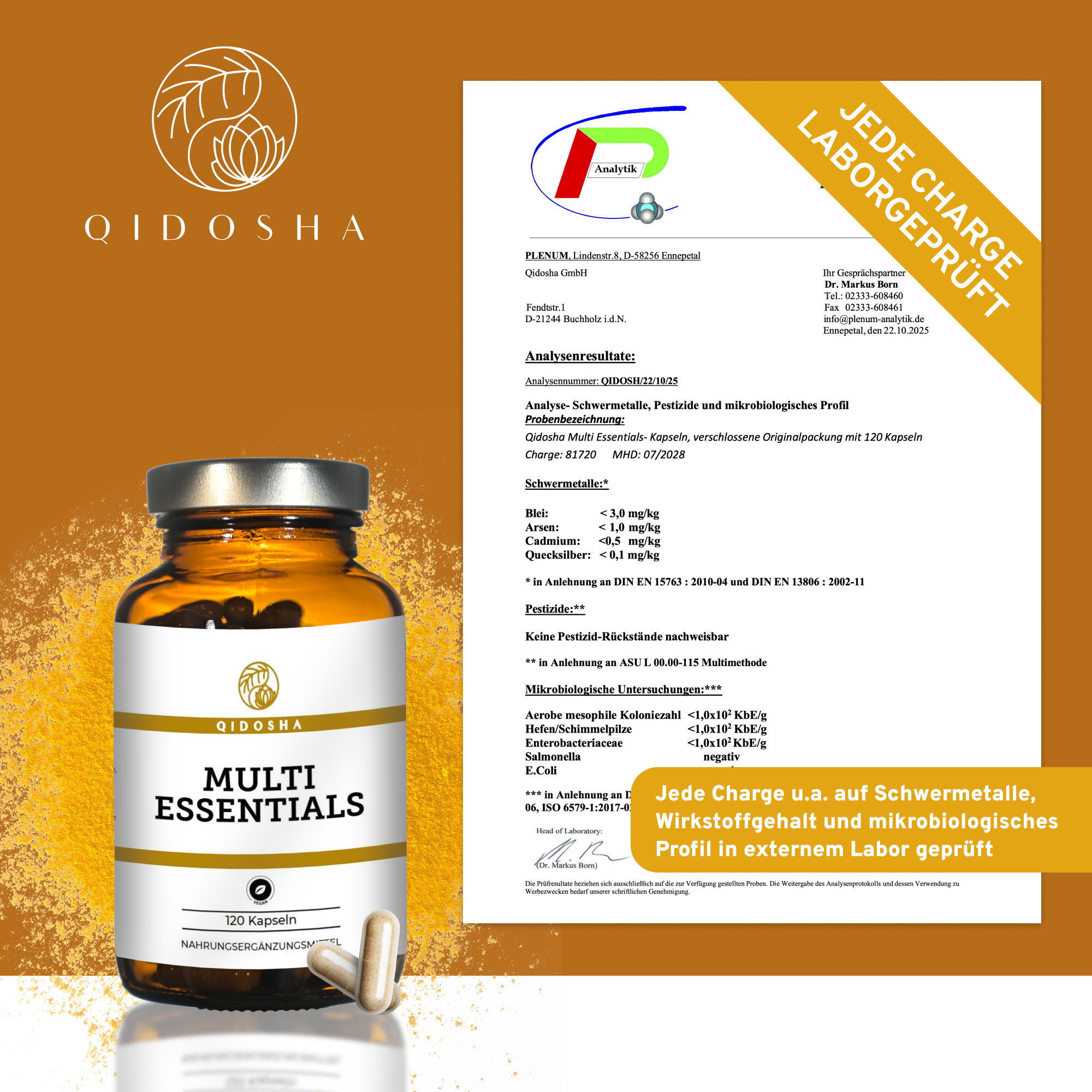 Qidosha Multi Essentials, Premium-Nahrungsergänzungsmittel, 120 Kapseln. Enthält Vitamine, Mineralstoffe, Spurenelemente. Laborgeprüfte Qualität, ohne Füll- oder Zusatzstoffe, in Braunglasflasche.