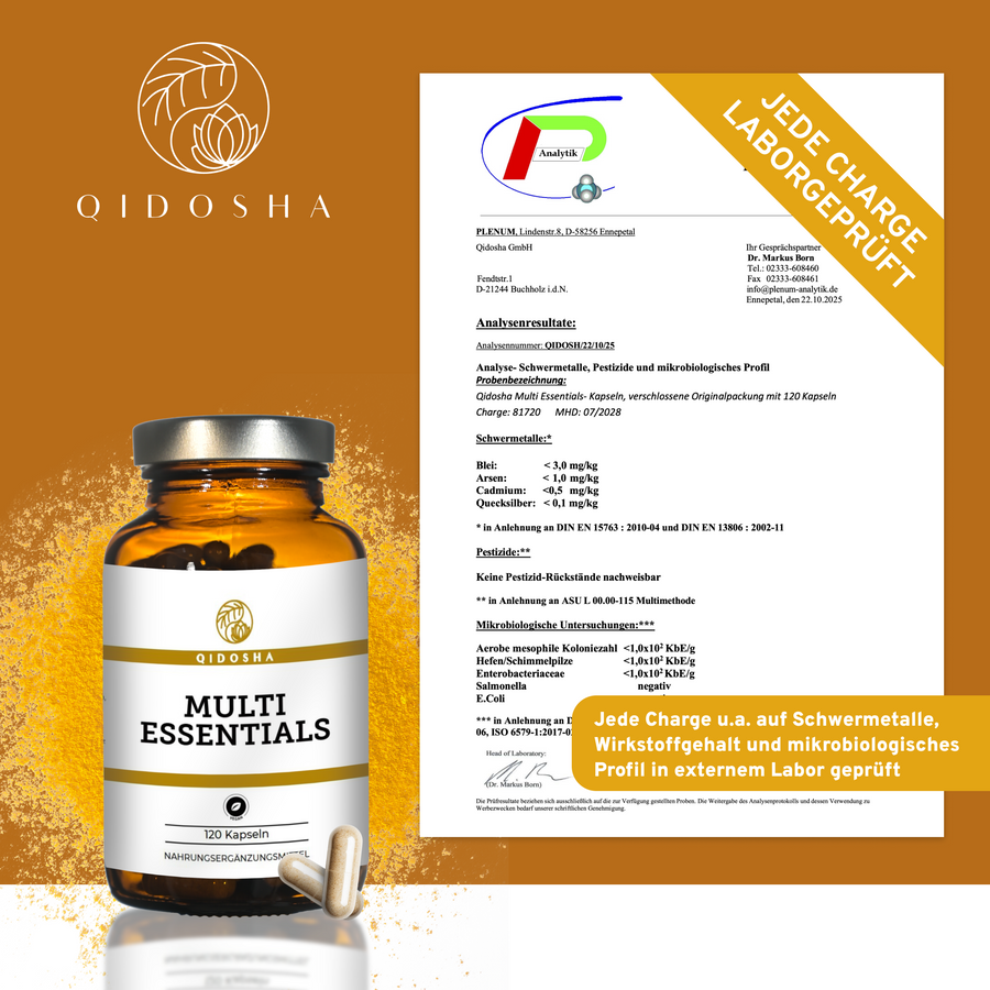 Qidosha Multi Essentials, Premium-Nahrungsergänzungsmittel, 120 Kapseln. Enthält Vitamine, Mineralstoffe, Spurenelemente. Laborgeprüfte Qualität, ohne Füll- oder Zusatzstoffe, in Braunglasflasche.