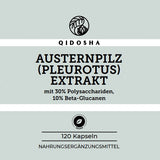 QIDOSHA Austernpilz-Extrakt (Pleurotus), Premium-Nahrungsergänzungsmittel, 120 vegane Kapseln, standardisiert auf Polysaccharide und Beta-Glucane, laborgeprüft, ohne Zusatzstoffe, ab Dezember 2025 verfügbar.