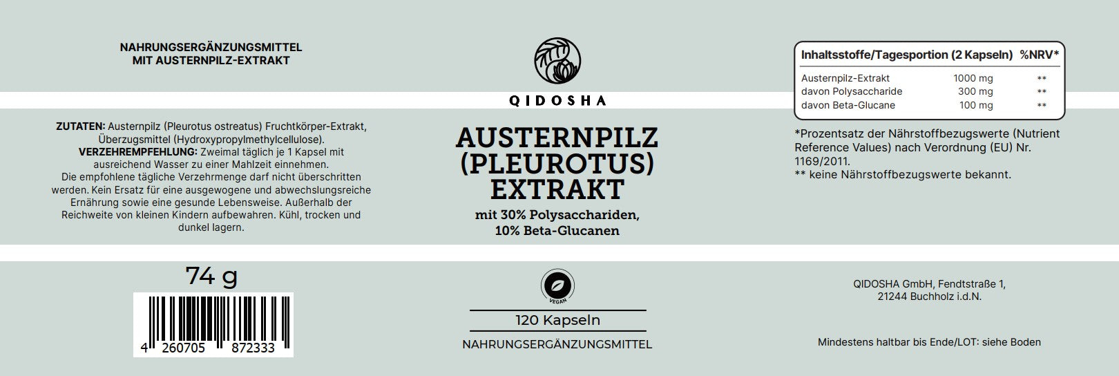 QIDOSHA Austernpilz-Extrakt (Pleurotus), Premium-Nahrungsergänzungsmittel, 120 vegane Kapseln, standardisiert auf Polysaccharide und Beta-Glucane, laborgeprüft, ohne Zusatzstoffe, ab Dezember 2025 verfügbar.