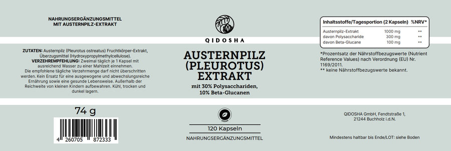 QIDOSHA Austernpilz-Extrakt (Pleurotus), Premium-Nahrungsergänzungsmittel, 120 vegane Kapseln, standardisiert auf Polysaccharide und Beta-Glucane, laborgeprüft, ohne Zusatzstoffe, ab Dezember 2025 verfügbar.