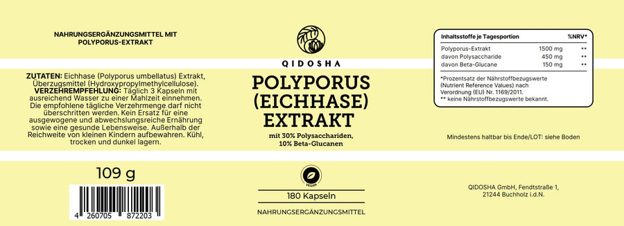QIDOSHA Polyporus (Eichhase) Extrakt: Premium Nahrungsergänzungsmittel mit 30% Polysacchariden, 10% Beta-Glucanen. Vegan, laborgeprüft, ohne Füllstoffe, 180 Kapseln. Ab Dezember 2025 verfügbar.